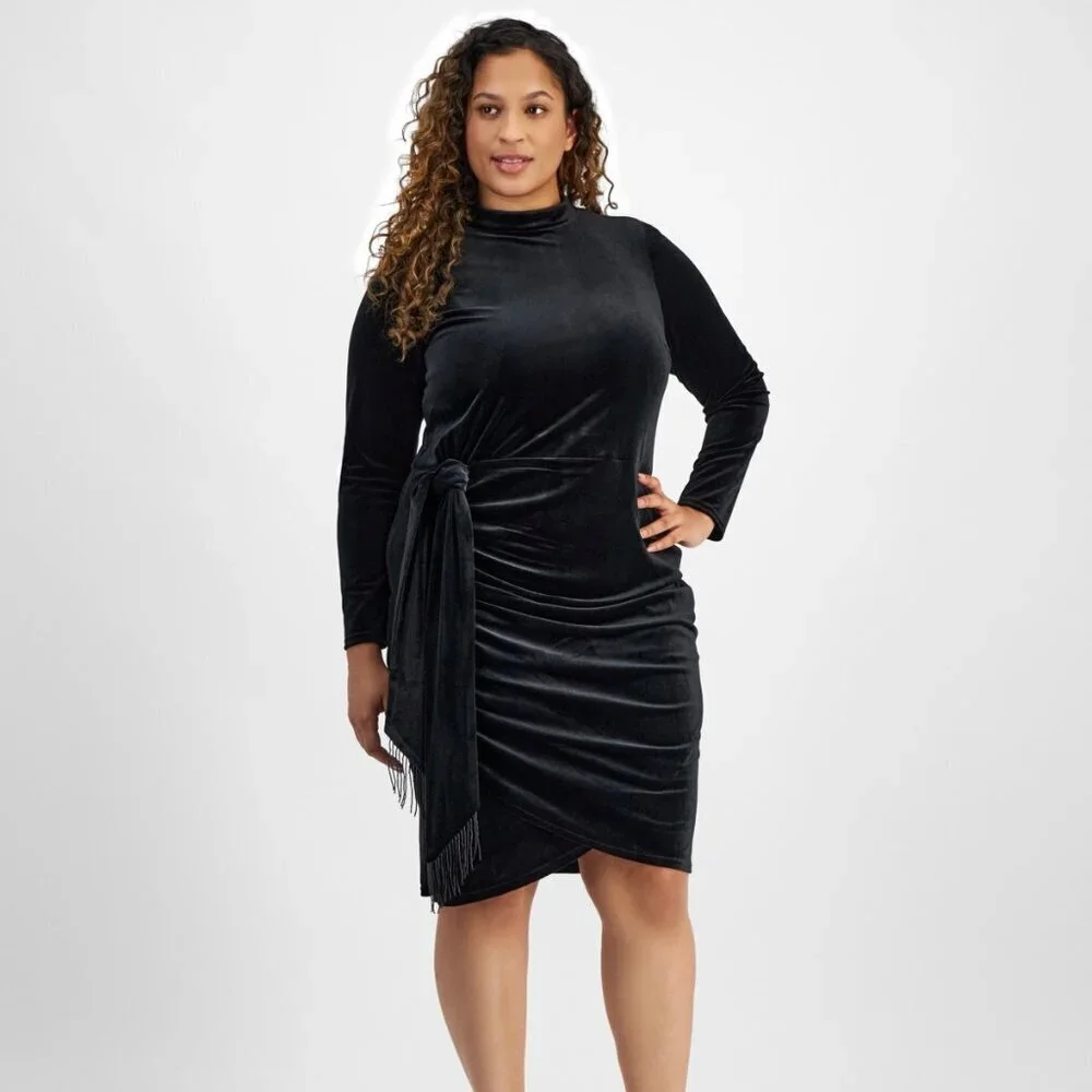 Tahari Plus Size Black Velvet Mock-Neck Draped Bodycon Dress 20W NWT - Picture 5 of 9